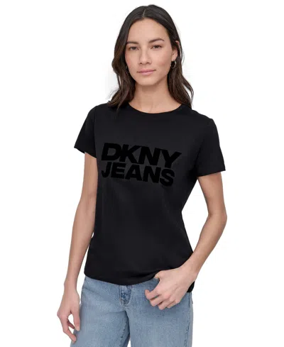 Dkny Jeans Women's Flocked Logo Crewneck T-shirt In Black