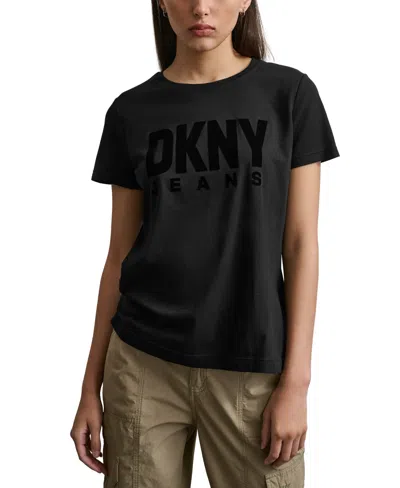Dkny Jeans Women's Flocked-logo Short-sleeve Crewneck T-shirt In Bbl - Blk,black