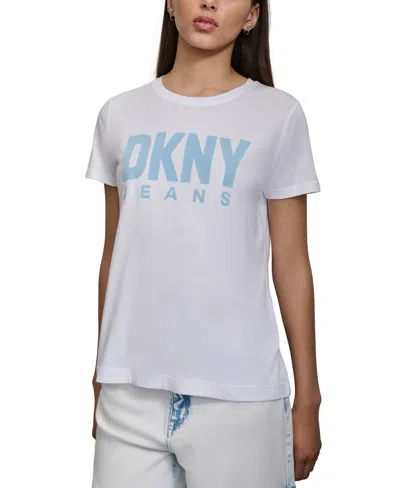 Dkny Jeans Women's Flocked-logo Short-sleeve Crewneck T-shirt In Ghs - Wht,frst Blue