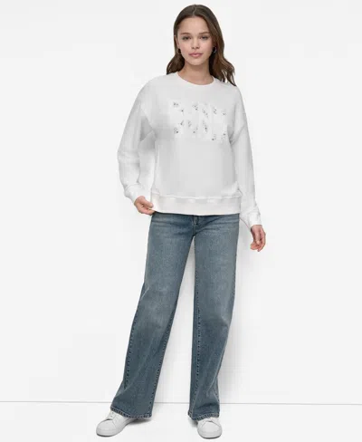 Dkny Jeans Women's Flocking Rhinestone Crew Neck Sweatshirt In White
