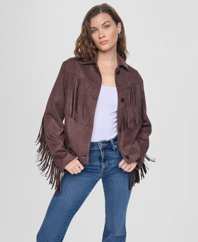Dkny Jeans Women's Fringe Detail Collared Button-front Jacket In Brown