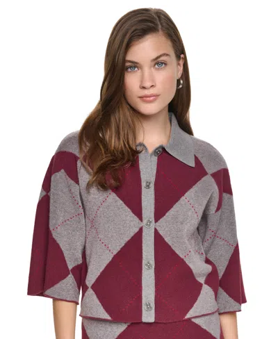 Dkny Jeans Women's Fuzzy-knit Argyle Polo Collar Cardigan In Gray