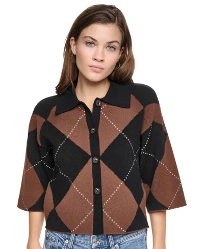 Dkny Jeans Women's Fuzzy-knit Argyle Polo Collar Cardigan In Multi