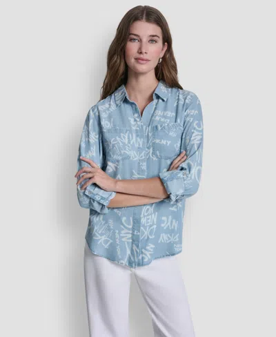 Dkny Jeans Women's Garment-dye & Print Split-back Button-front Shirt