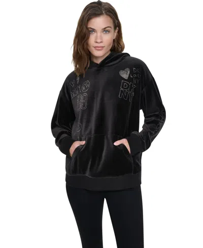 Dkny Jeans Women's Gdj6 Hooded Rhinestone Graphic Long-sleeve Pullover Sweatshirt In Black