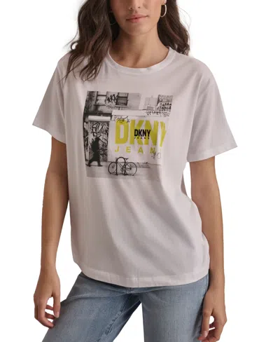 Dkny Jeans Women's Graffiti Logo Print T-shirt In Ft - Wht,fluo Yelw