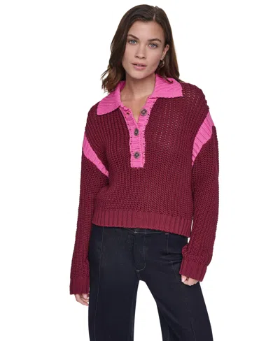 Dkny Jeans Women's Henley Colorblock Drop-shoulder Sweater In Red