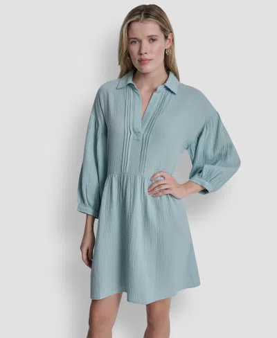 Dkny Jeans Women's Henley Pleated Tiered Dress In Blue