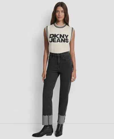 Dkny Jeans Women's High-rise Classic Cuffed Straight-leg Jeans In Black