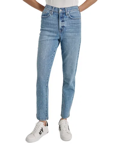 Dkny Jeans Women's High-rise Slim Straight Scattered Rhine-studs Jeans In Oce - Ocean