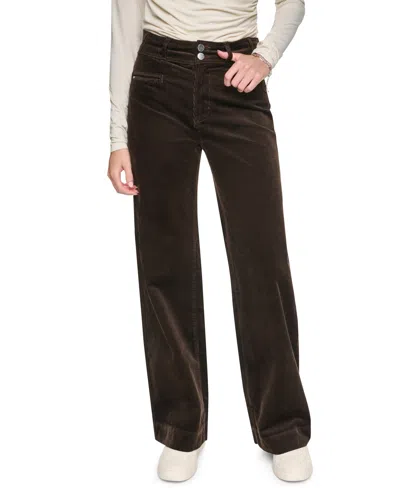 Dkny Jeans Women's High-rise Double-button Wide-leg Cotton-blend Pants In Brown