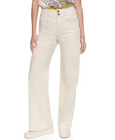 Dkny Jeans Women's High-rise Double-button Wide-leg Cotton-blend Pants In Neutral