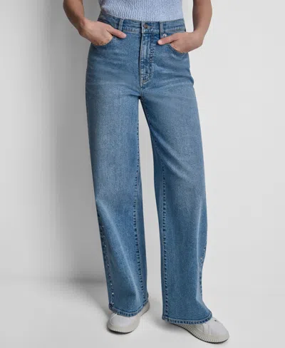 Dkny Jeans Women's High-rise Wide-leg Outseam Studs Jeans In Blue