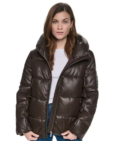 Dkny Jeans Women's Insulated Puffer Faux Leather Jacket In Brown