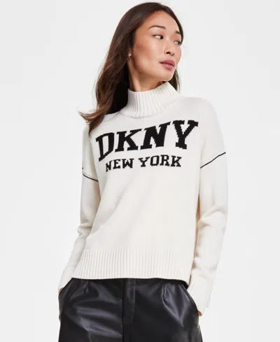 Dkny Jeans Women's Intarsia Logo Turtleneck Sweater In Eggnog,black