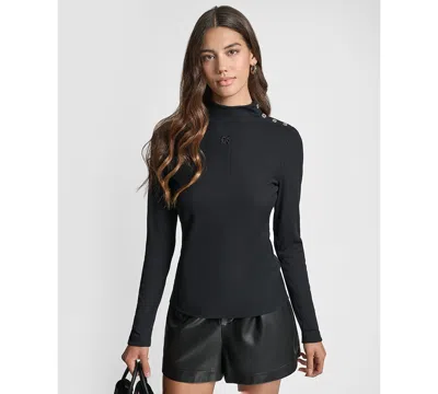 Dkny Jeans Women's Jewel Button Shoulder Mock Neck Long-sleeve T-shirt In Black
