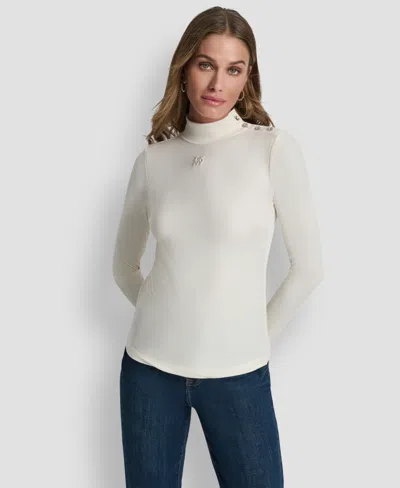 Dkny Jeans Women's Jewel Button Shoulder Mock Neck Long-sleeve T-shirt In White