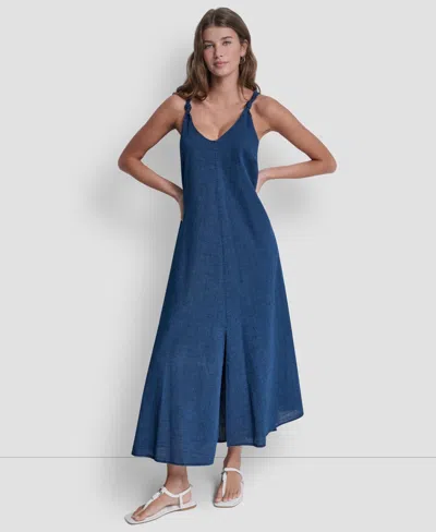 Dkny Jeans Women's Knotted Strap V-neck A-line Dress In Blue