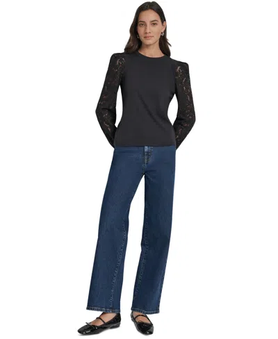 Dkny Jeans Women's Lace Puff-sleeve Crewneck Top In Black
