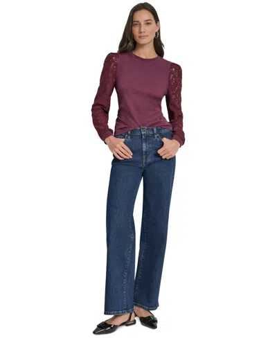 Dkny Jeans Women's Lace Puff-sleeve Crewneck Top In Purple
