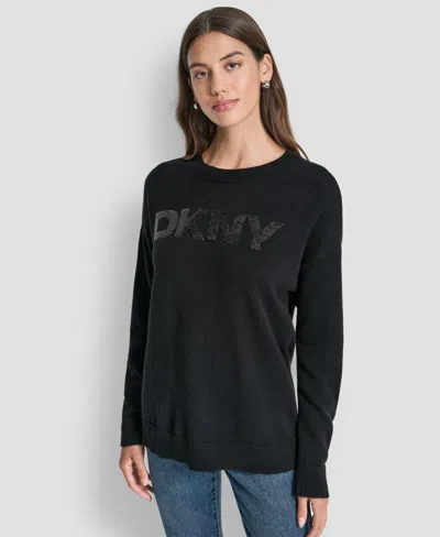 Dkny Jeans Women's Logo Sequined Long-sleeve Sweater In Black