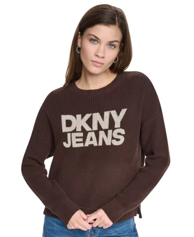 Dkny Jeans Women's Long Sleeve Hi-low Boxy Sweater In Brown