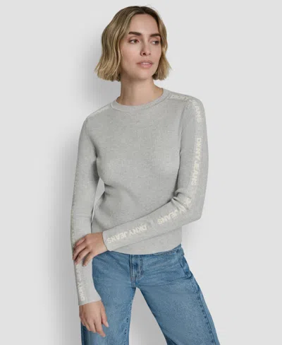 Dkny Jeans Women's Long-sleeve Logo Trim Crewneck Sweater In Gray