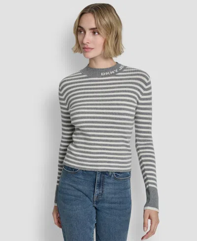 Dkny Jeans Women's Long-sleeve Mock Neck Rib Striped Sweater In Gray