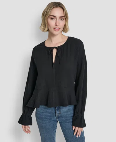 Dkny Jeans Women's Long-sleeve Tie Neck Crop Top In Multi