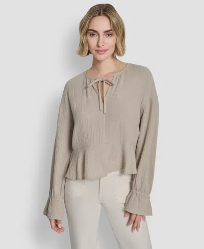 Dkny Jeans Women's Long-sleeve Tie Neck Crop Top In Gray