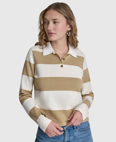 Dkny Jeans Women's Long-sleeve Logo Charm Multi-stripe Cotton Polo Sweater