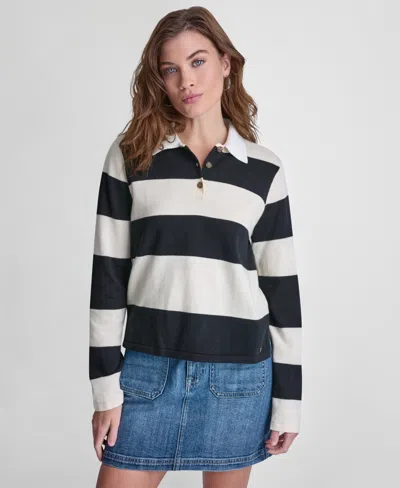 Dkny Jeans Women's Long-sleeve Logo Charm Multi-stripe Cotton Polo Sweater In Black