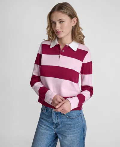 Dkny Jeans Women's Long-sleeve Logo Charm Multi-stripe Cotton Polo Sweater In Pink