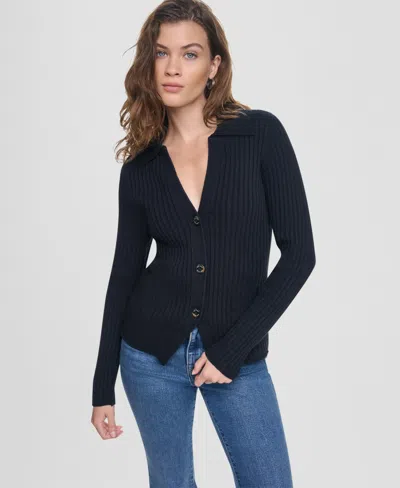 Dkny Jeans Women's Long-sleeve Polo Cardigan In Black