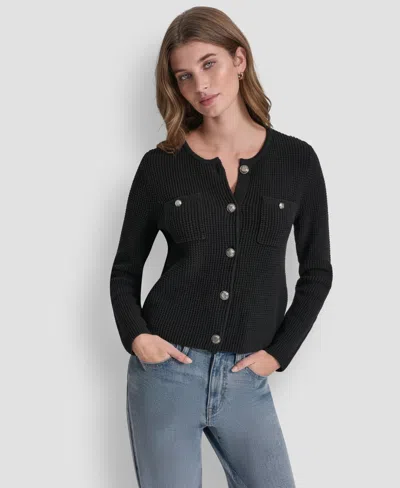Dkny Jeans Women's Long-sleeve Tuck Stitch Crewneck Cardigan In Black