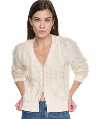 Dkny Jeans Women's Long-sleeve V-neck Fringe-stitch Cardigan In Eggnog
