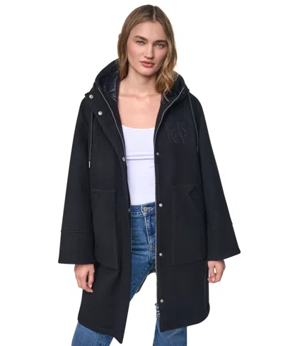 Dkny Jeans Women's Mix Media Hooded Quilted Puffer Coat In Blue