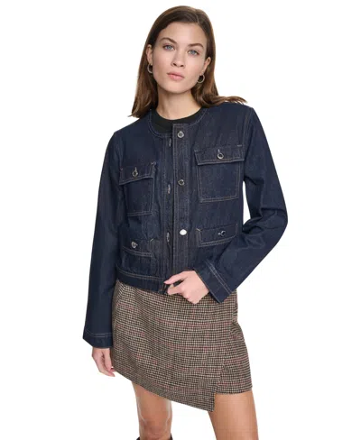 Dkny Jeans Women's Mixed Media Crewneck Denim Jacket In Brown