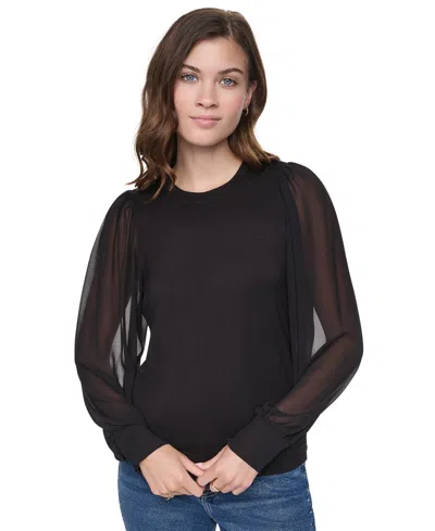 Dkny Jeans Women's Mixed-media Long-sleeve Crewneck Blouse In Multi