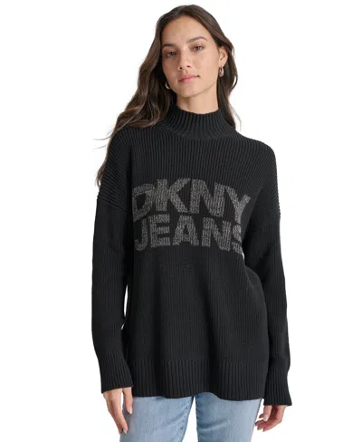 Dkny Jeans Women's Mock Neck Logo Sweater In Black