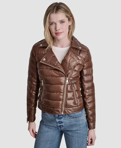 Dkny Jeans Women's Moto Style Lightweight Puffer Jacket In Brown