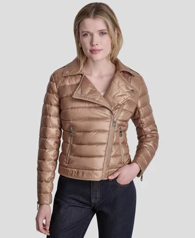 Dkny Jeans Women's Moto Style Lightweight Puffer Jacket In Brown