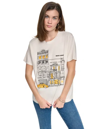 Dkny Jeans Women's New York Downtown Logo Relaxed Graphic Cotton-blend Tee In Eggnog,taxi Cab Yell