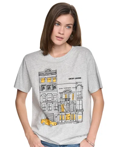 Dkny Jeans Women's New York Downtown Logo Relaxed Graphic Cotton-blend Tee In Sketched Gray Heather