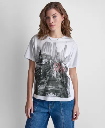 Dkny Jeans Women's New York Stacked Two-tone Sequin Logo Crewneck T-shirt In White
