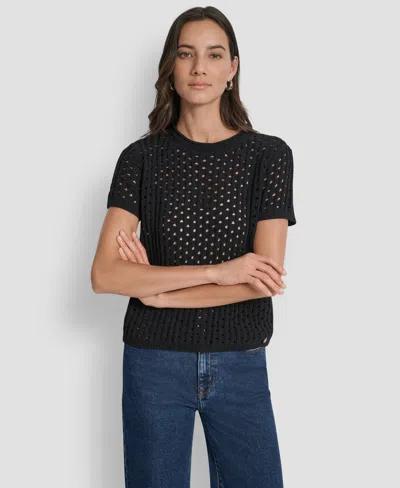 Dkny Jeans Women's Open Stitch Crewneck Short-sleeve Sweater In Black