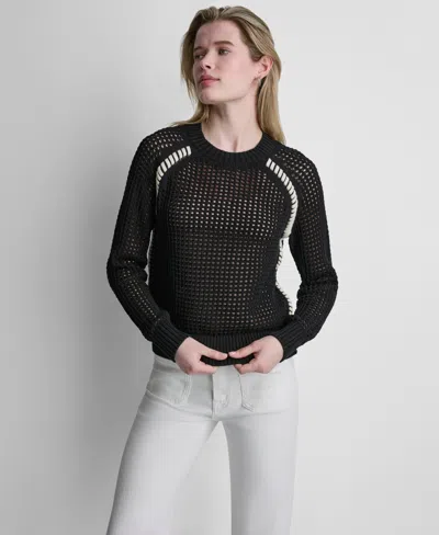 Dkny Jeans Women's Open Stitch Long Raglan-sleeve Sweater In Black