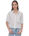 Dkny Jeans Oversize Linen Blend Crop Button-up Shirt In White