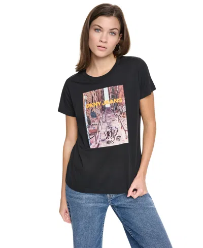Dkny Jeans Women's Photoreal Bronx Logo Graphic Short-sleeve Crewneck Cotton-blend T-shirt In Black,bronx Combo