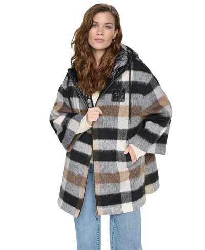 Dkny Jeans Women's Plaid Quilted-hood Jacket In Black